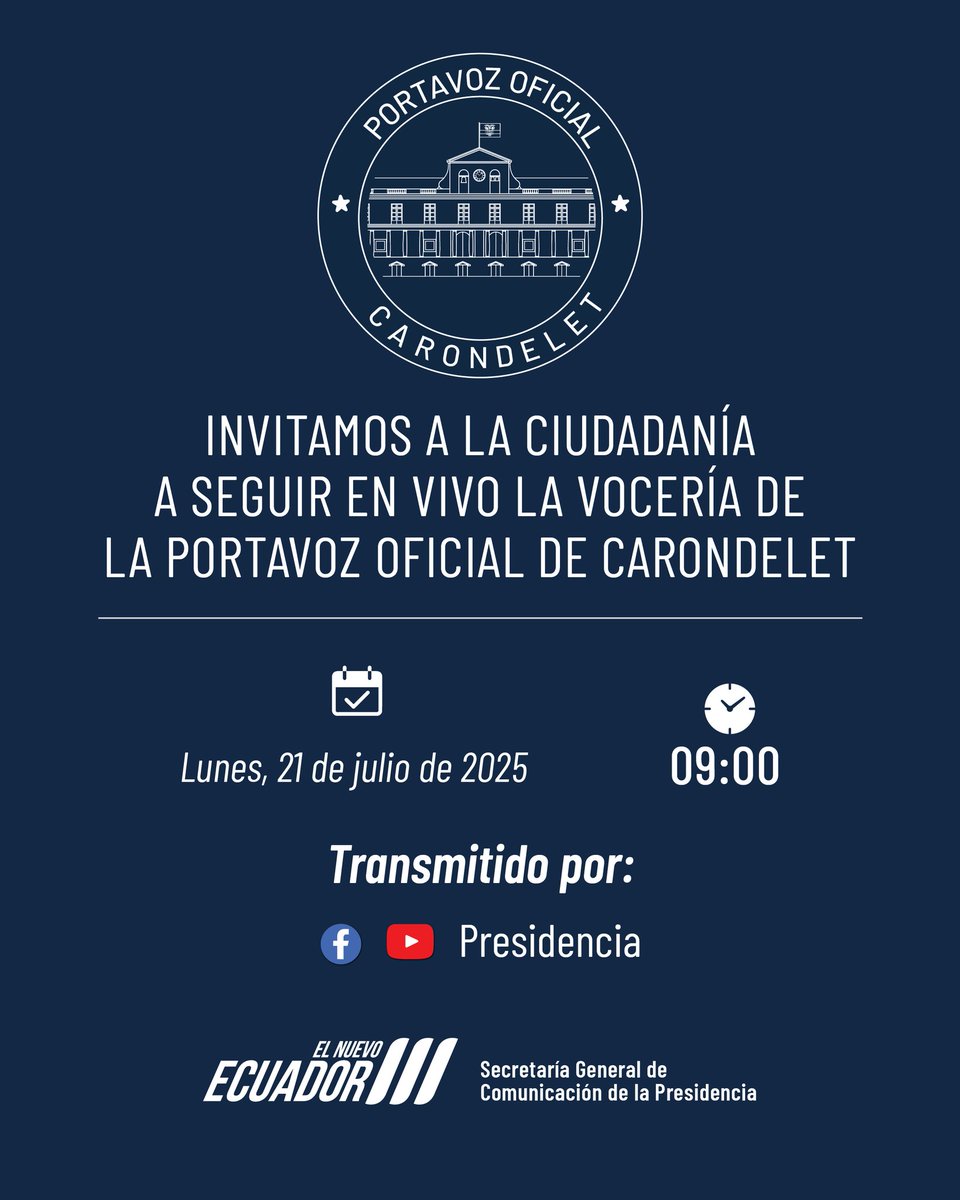 🎙️ Te invitamos a seguir en vivo la rueda de prensa de la portavoz oficial de Carondelet, Carolina Jaramillo Garcés.

🗓️ Lunes, 21 de julio de 2025
🕘 09:00
📲 bit.ly/45KAfw0

🇪🇨 #ElNuevoEcuador