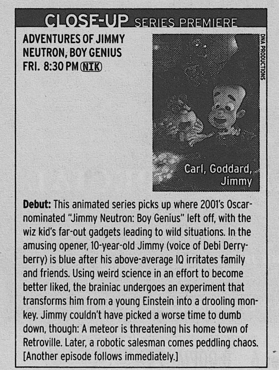 JeremyLeeTweets's tweet image. On this day in 2002, The Adventures of Jimmy Neutron Boy Genius premiered on Nickelodeon! After the film in 2001 was such a success it was greenlit as a series with the premiere airing to 2.6 million viewers. It lasted 3 seasons winning multiple awards during its run. #2000s