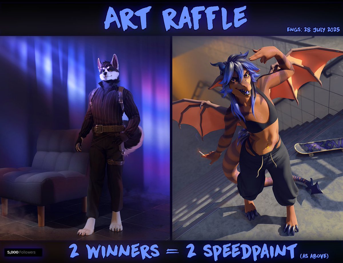 We reached 5k followers here!♥️5k for 5 years!!!

Let's go celebrate with some raffle?  
For participation need: 
- be my follower/not empty (for retweets only) page;  
- retweet that post 

2 winners that time! Each get 1 speedpaint
Winners will be announced: 28 July
Good luck!