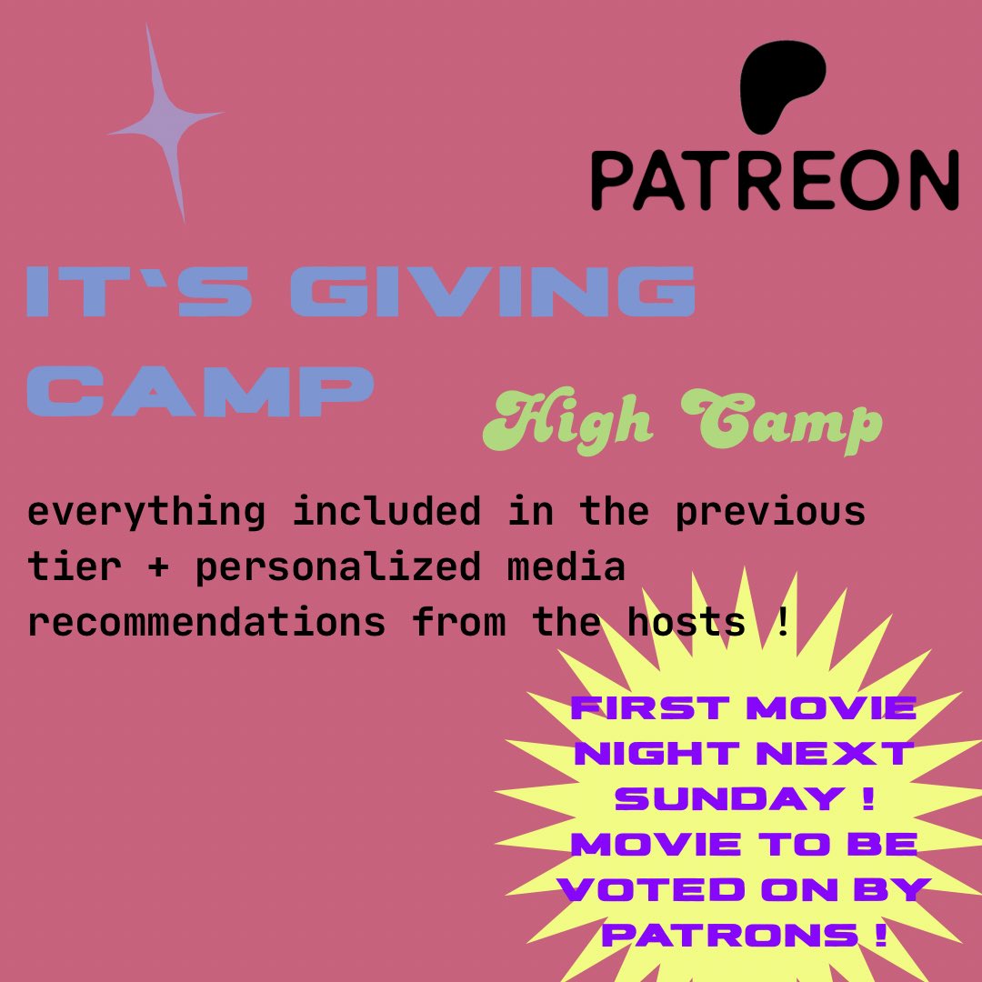 givingcamppod's tweet image. #ItsGivingCamp season 4 is officially going to start recording sessions very soon ! be sure to sign up for our patreon tiers in the bio ! introducing monthly movie nights on zoom for low + high camp members ! our first movie night will be on next sunday, so vote and attend !