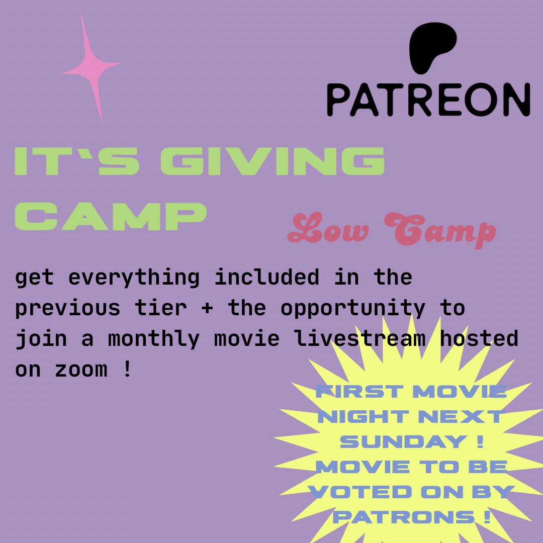givingcamppod's tweet image. #ItsGivingCamp season 4 is officially going to start recording sessions very soon ! be sure to sign up for our patreon tiers in the bio ! introducing monthly movie nights on zoom for low + high camp members ! our first movie night will be on next sunday, so vote and attend !