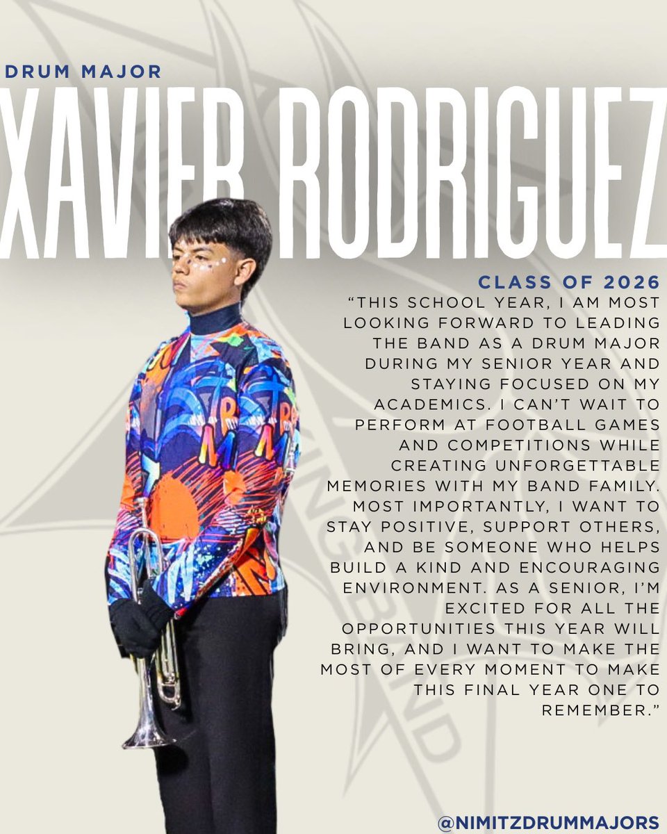 LEADERSHIP SPOTLIGHT: It’s time to meet the 2025-2026 Leadership Team. Meet Xavier, a Drum Major! We are excited for you to lead and serve the Nimitz Band this year!

#nimitznation #nimitzvikingband #ALLN #IISDexcellenceinaction #nightfever2025