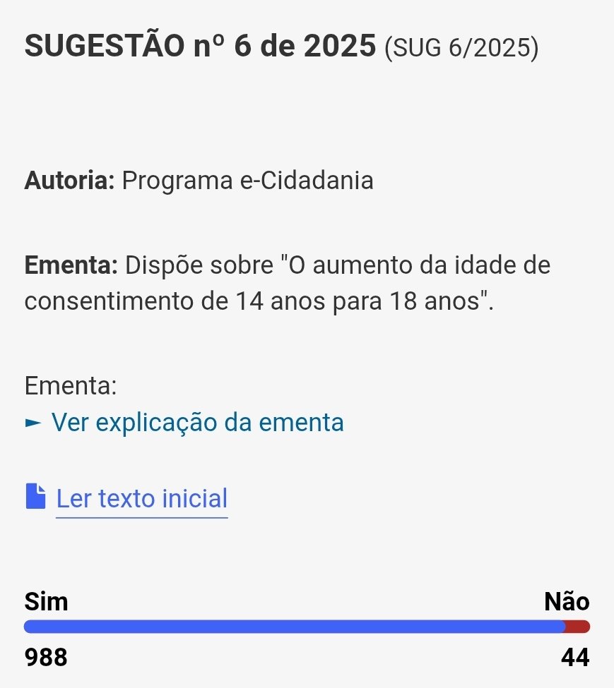 Sugestão Legislativa nº 6 de 2025

"O aumento da idade [legal] de consentimento [para o sexo] de 14 anos para 18 anos."

VOTEM SIM NESSA CARALHA