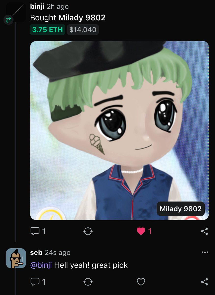 sebaudet26's tweet image. Replying directly on NFT sales feels amazing
Leveraging Farcaster (FIP-2), each sale is a native post that can be interacted with
Shipping with our wallet this month!
Also v nice pickup @binji_x