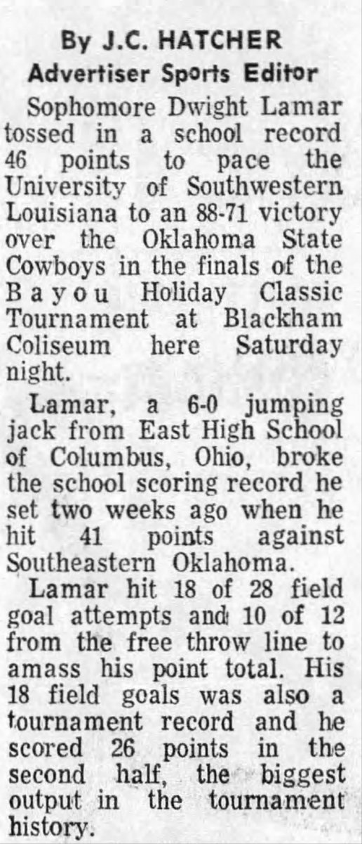 dbgiant's tweet image. December 19, 1970 - Sophomore Dwight Lamar scored 46 points to lead the University of Southwestern Louisiana to an 88-71 victory over the Oklahoma State Cowboys.