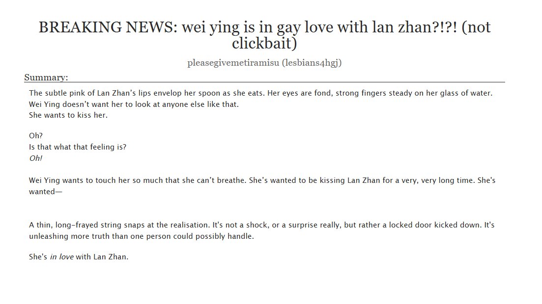 lesbians4hgj's tweet image. drumroll please... new fic..... justt... dropped!
BREAKING NEWS: wei ying is in gay love with lan zhan?!?! (not clickbait)
the sgwy special&lt;3 19k / rated M / lesbians
archiveofourown.org/works/67656036
its 2am BYE.