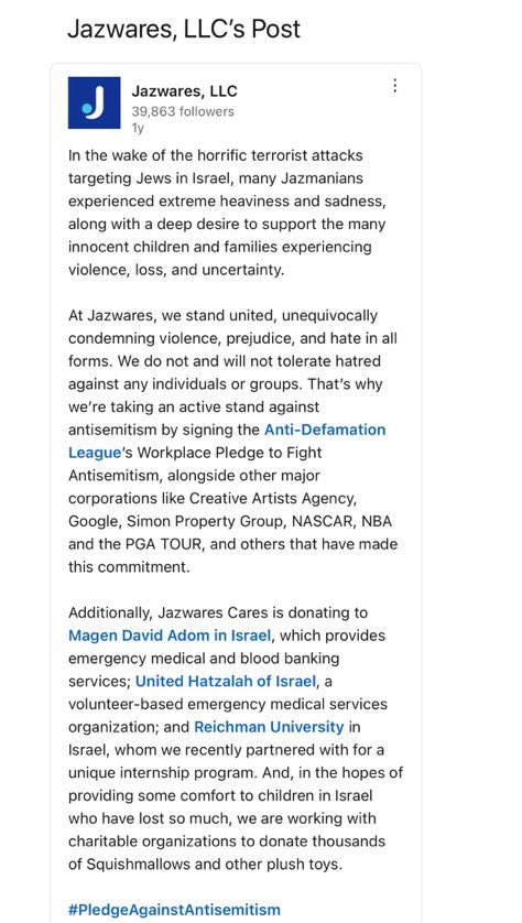 kiwiboo_1's tweet photo. @SirenThe2nd @Funtime_Art I would like to direct your attention to the JAZWARES COMPANY stating they will donate to pro-Israel charities and also making their stance on the situation clear. They call Palestine’s attempts to defend themselves a terrorist attack and link supporting Palestine to antisemitism https://t.co/8O3NUABPyE