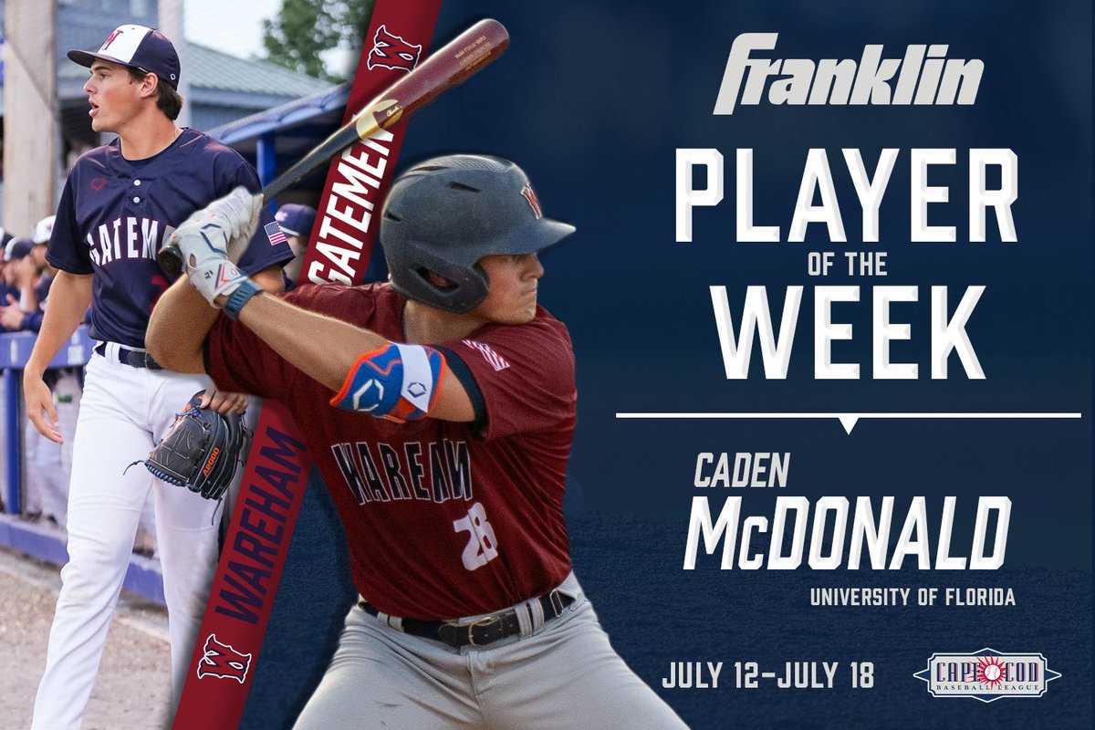 OfficialCCBL's tweet image. Cape Cod Baseball League
@FranklinSports Player of the Week ⭐️
(July 12-July 18)
Caden McDonald, 1B
(@WarehamGatemen, @GatorsBB)
7 H, 2 HR, 7 RBI, 1 BB