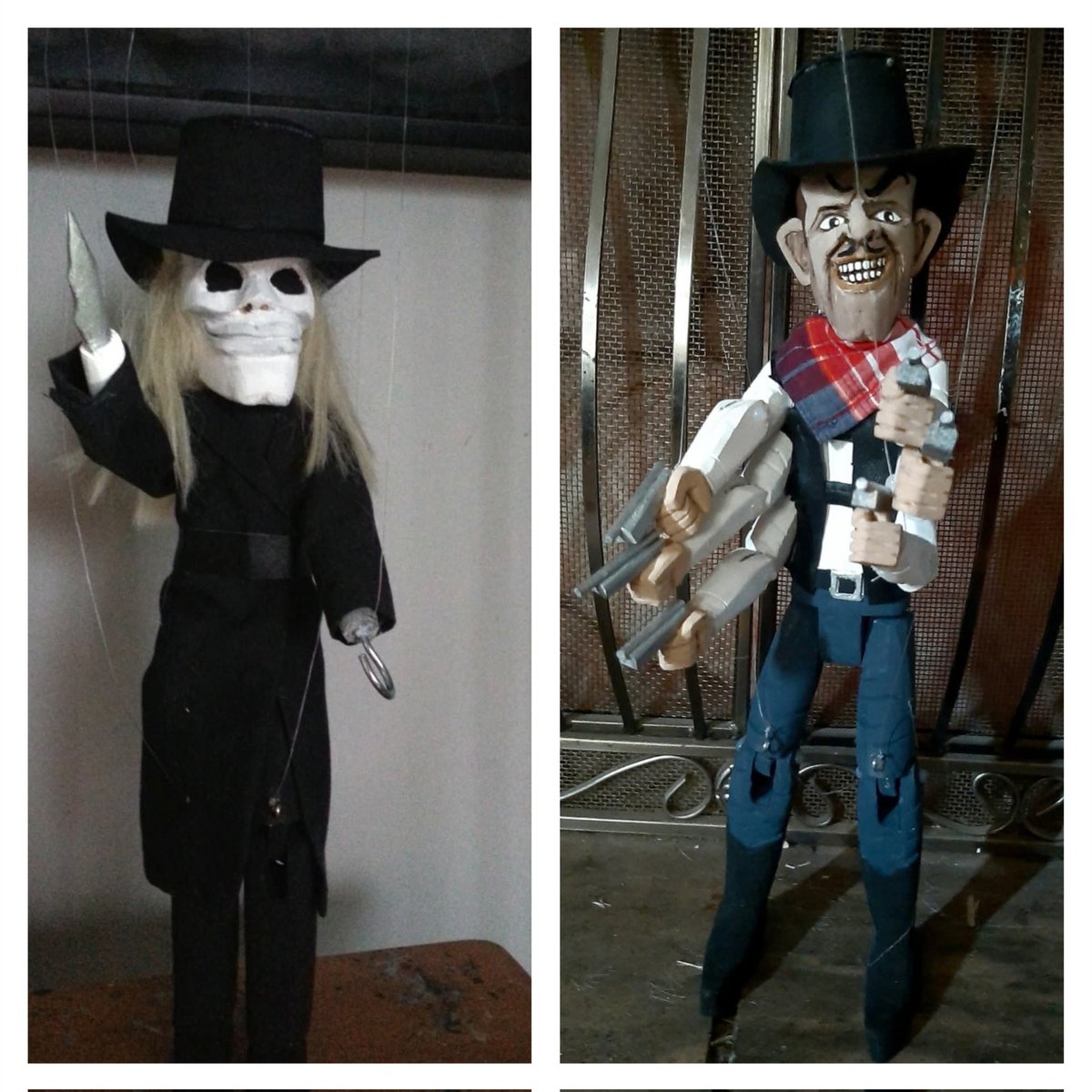 GeppettoMoreash's tweet image. A couple of wooden "Puppetmaster" marionettes I made. Both started as pine 2x4s. @HorrorDNA @fullmoonhorror #Blade #sixshooter