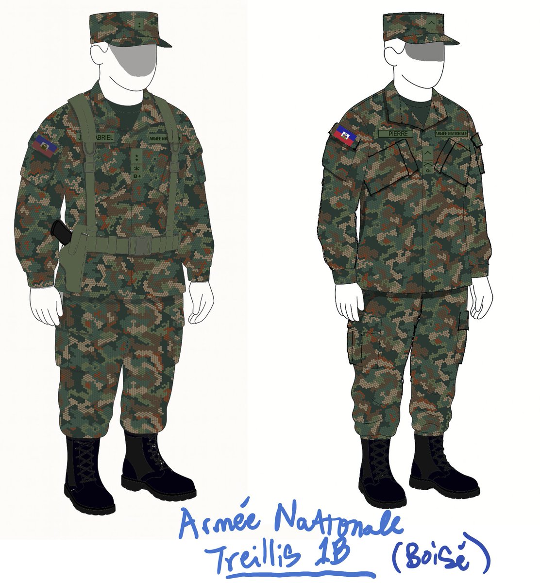 SupportFAdH's tweet image. Au Lieutenant-général Derby Guerrier, au Haut État-Major des Forces Armées d'Haiti (FAD'H), et aux commandants des branches.
.
Dans la quête d'autosuffisance logistique, de sécurité/intégrité intérieure et d'identité nationale, voir ci-joint les modèles de camouflage