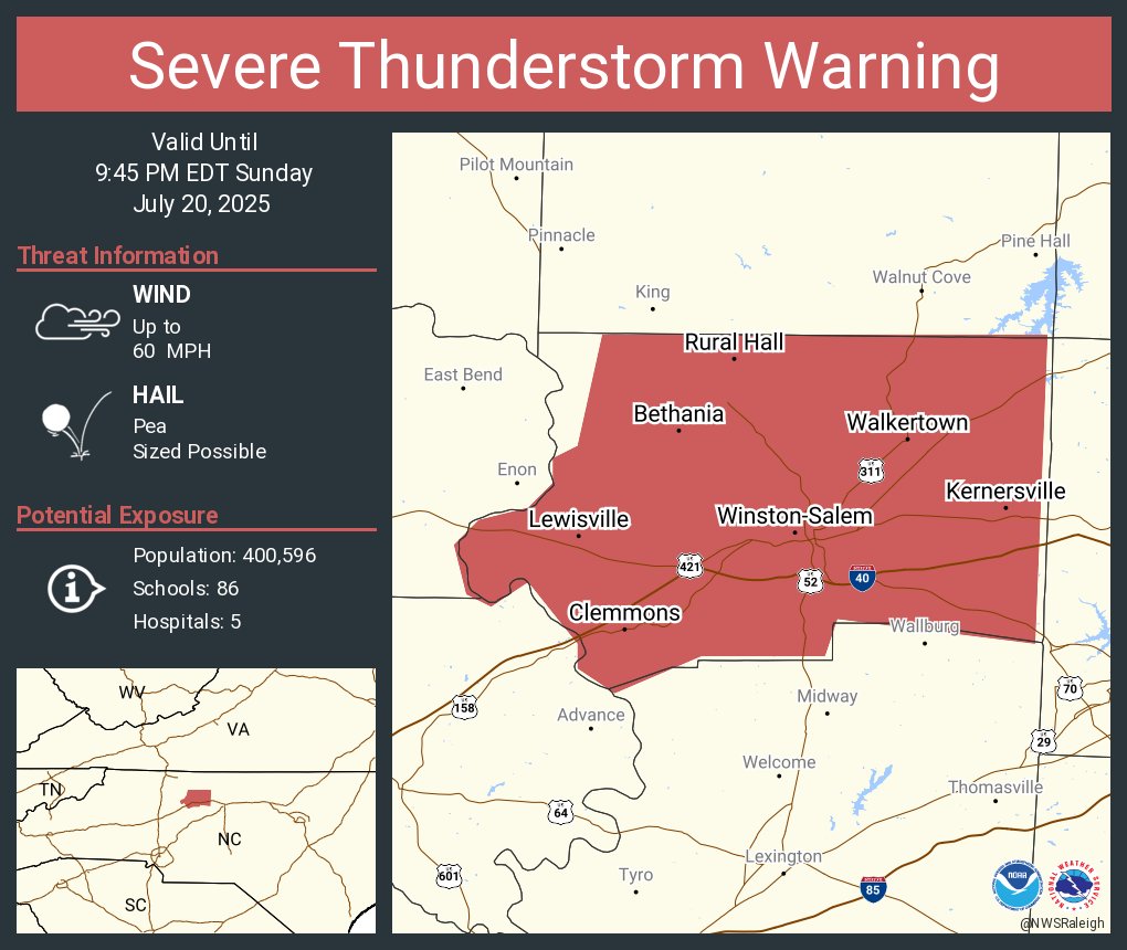 NWSRaleigh's tweet image. Severe Thunderstorm Warning including Winston-Salem NC, Kernersville NC and Clemmons NC until 9:45 PM EDT