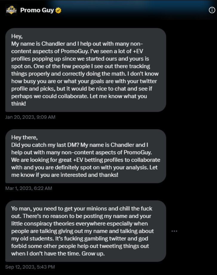 PlusBoosts's tweet image. Throwback to when @PromoGuyUS blocked me after he (they) accused me of faking devigs, only for me to realize the discrepancy was because he's too stupid to think harder than copy/pasting lines into a website.
I don't trust anything these people do. (Some DMs included b/c lol.)