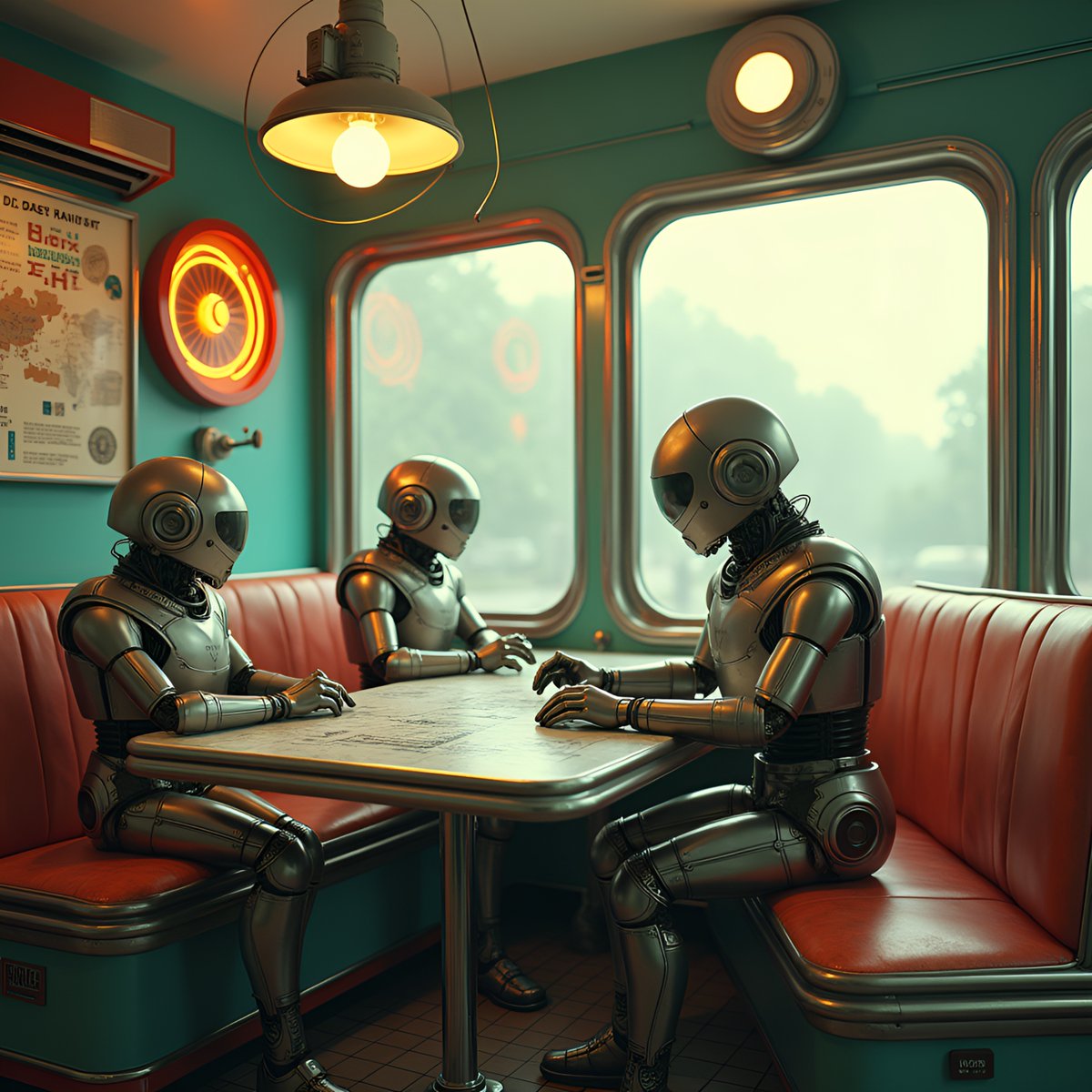 PromptSin's tweet image. Futuristic robots strategizing over plans in a cozy diner setting 🤖☕ #RoboticsEvolution #FutureTech