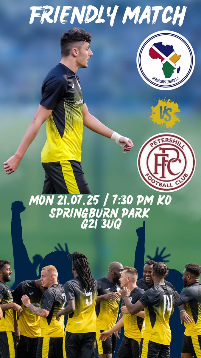 Afroscots United Fc (@afroscots) on Twitter photo 📢 Match Announcement
Afroscots United are back in action this Monday evening as we take on <a href="/PetershillFC/">Petershill FC</a> at Springburn Park! 🏟️
🕢 Kick-off: 7:30pm
📍 Springburn Park, G31 3UQ
After a tough outing against Tranent over the weekend, the boys are eager to bounce back and get 📢 Match Announcement
Afroscots United are back in action this Monday evening as we take on <a href="/PetershillFC/">Petershill FC</a> at Springburn Park! 🏟️
🕢 Kick-off: 7:30pm
📍 Springburn Park, G31 3UQ
After a tough outing against Tranent over the weekend, the boys are eager to bounce back and get