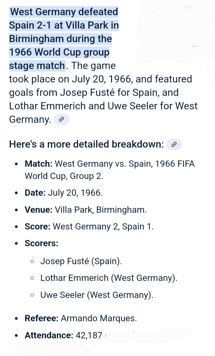 AndrewUllah's tweet image. Played @AVFCOfficial On This Day 1966. World 🏆Group Two. West Germany 2-1 Spain. Gate 42,187 #VillaPark #WestGermany #Spain #WorldCup66