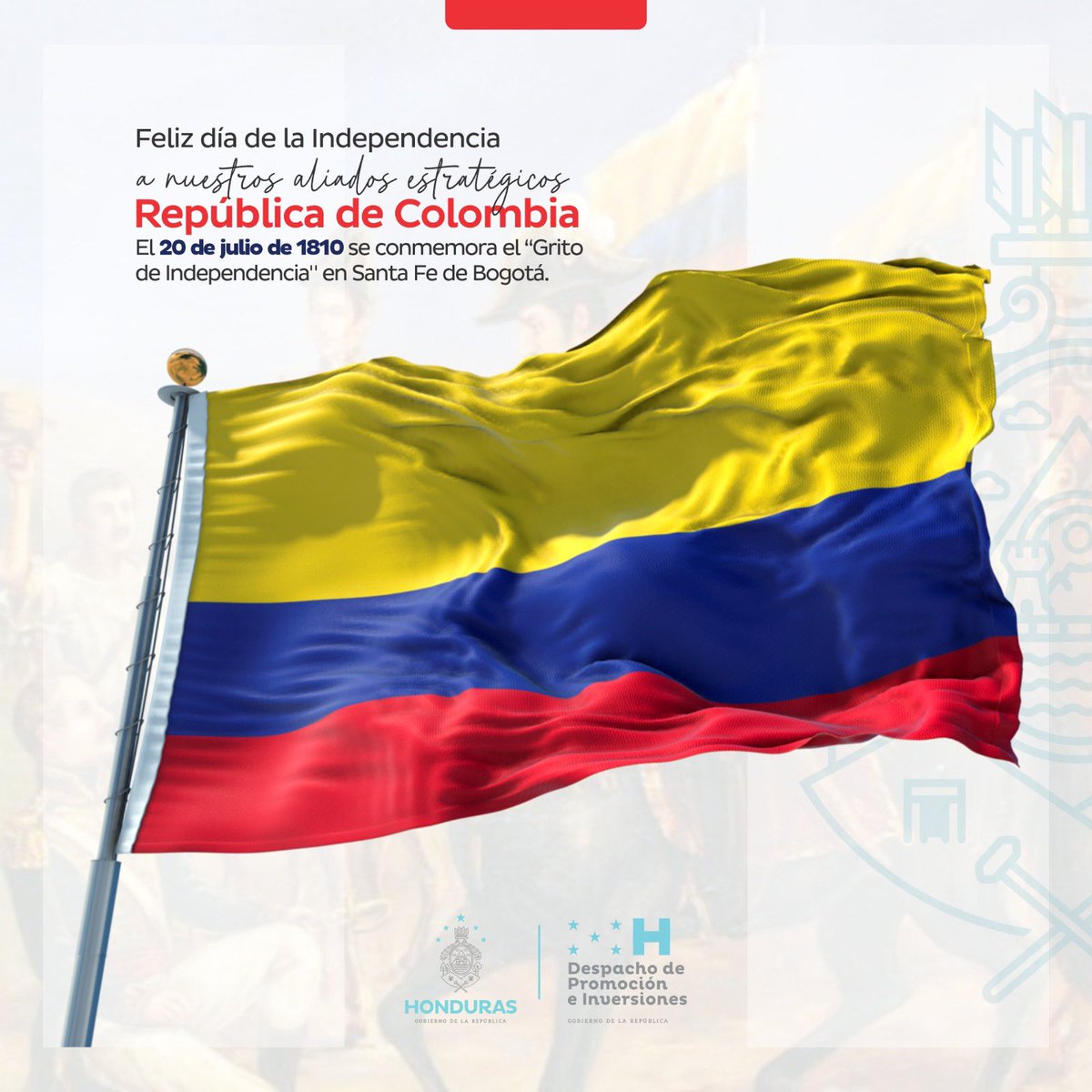 Hoy, 20 de julio, celebramos el “Grito de Independencia” de 1810 en Santa Fe de Bogotá, destacando los lazos de hermandad y cooperación que fortalecen nuestras relaciones bilaterales y promueven nuevas oportunidades de inversión y desarrollo.

✨ ¡Feliz Día de la Independencia,
