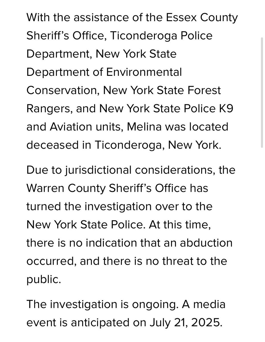 CaseyJBortnick's tweet image. #AMBERAlert in NY’s Capital Region cancelled after body of missing girl found. #Update from @nyspolice: troopers.ny.gov/news/state-pol…
@SpecNews1Albany @SPECNews1CNY @SPECNews1ROC @SPECNews1BUF