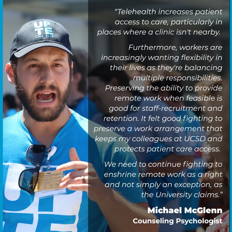 UPTECWA's tweet image. After months of negotiations with UC San Diego Health, UPTE members have won major concessions on a new remote work policy the employer is implementing ✊ #unionpower