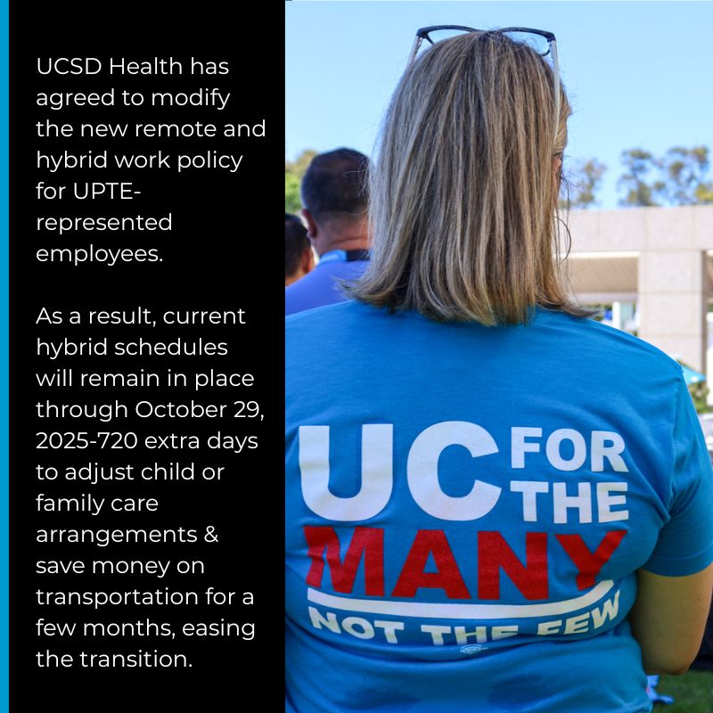 UPTECWA's tweet image. After months of negotiations with UC San Diego Health, UPTE members have won major concessions on a new remote work policy the employer is implementing ✊ #unionpower