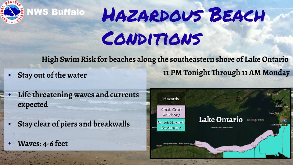 NWSBUFFALO's tweet image. There is a Beach Hazards Statement in effect from 11PM Tonight to 11AM Monday for the beaches of Wayne, northern Cayuga, and Oswego counites. Stay out of the water to avoid dangerous swimming conditions.