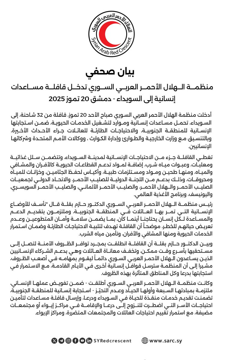 SYRedCrescent's tweet image. منظمة ##الهلال_الأحمر_العربي_السوري تدخل قافلة مساعدات إنسانية إلى #السويداء
The ##SyrianArabRedCrescent delivers vital aid to #Sweida