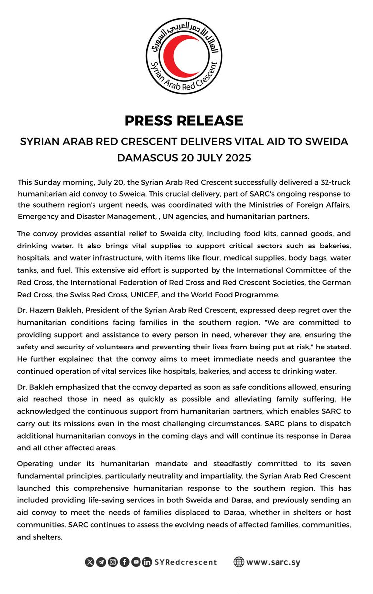 SYRedCrescent's tweet image. منظمة ##الهلال_الأحمر_العربي_السوري تدخل قافلة مساعدات إنسانية إلى #السويداء
The ##SyrianArabRedCrescent delivers vital aid to #Sweida