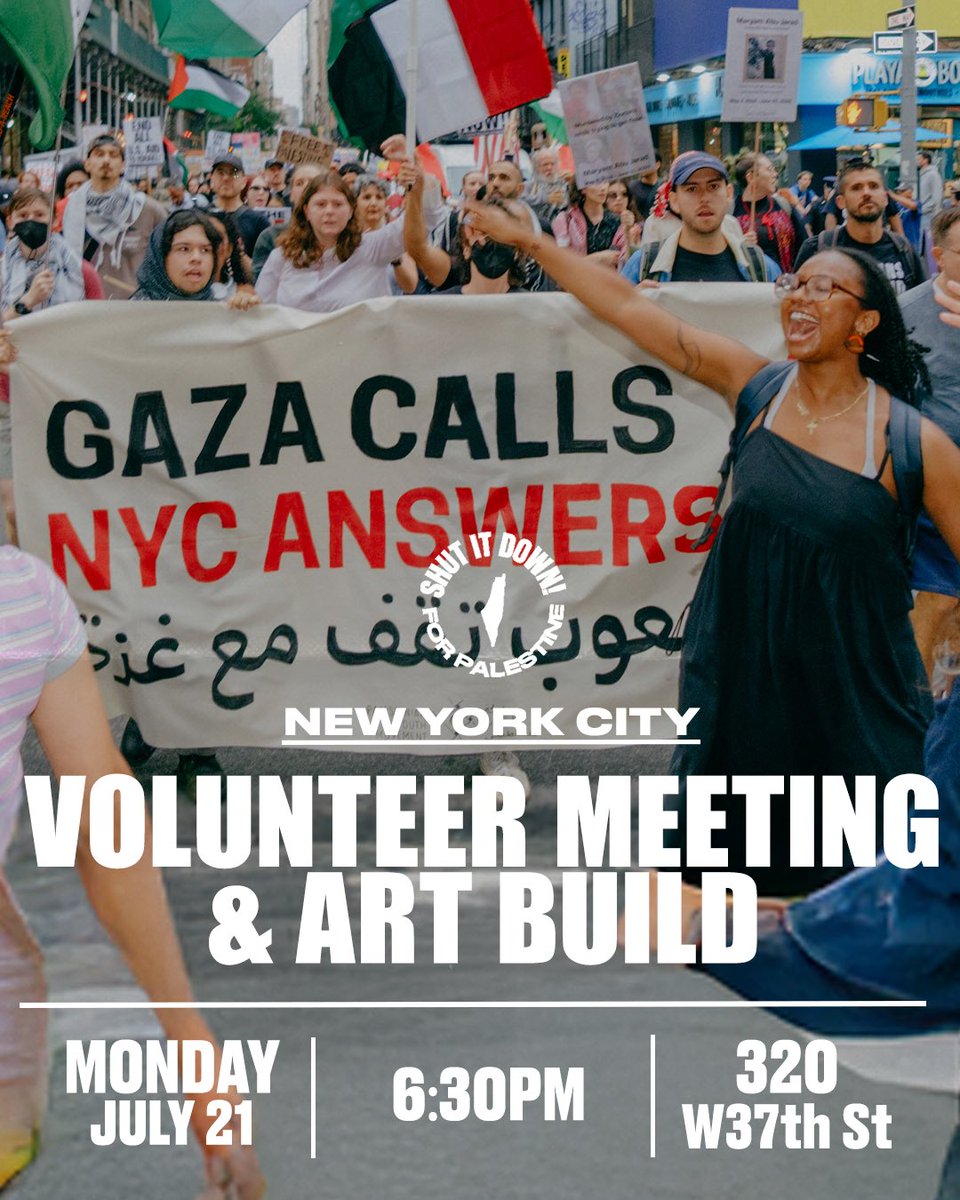PeoplesForumNYC's tweet image. 🇵🇸 TOMORROW, July 21 at 6:30 PM, join us for the next #ShutItDown4Palestine Volunteer Meeting at The People’s Forum.
Israeli airstrikes continue to attack civilian infrastructure, killing Palestinian people. Meanwhile, hospitals report increased malnourished Palestinians,…