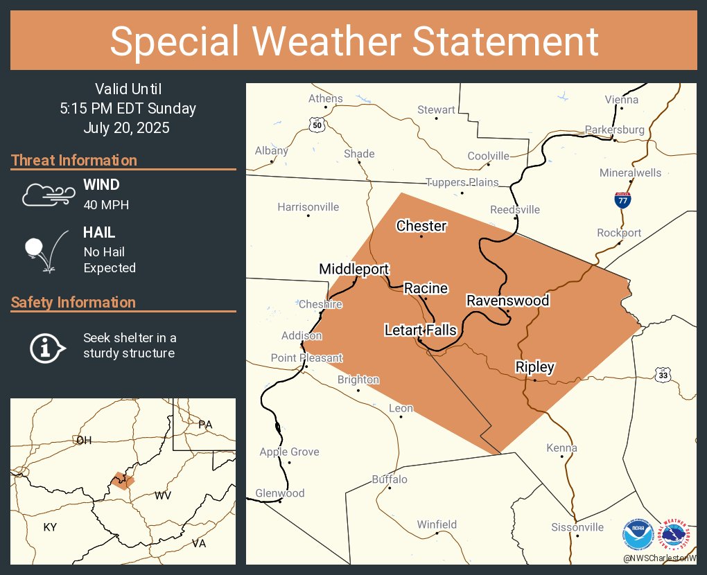 NWSCharlestonWV's tweet image. A special weather statement has been issued for Ravenswood WV, Ripley WV and Middleport OH until 5:15 PM EDT