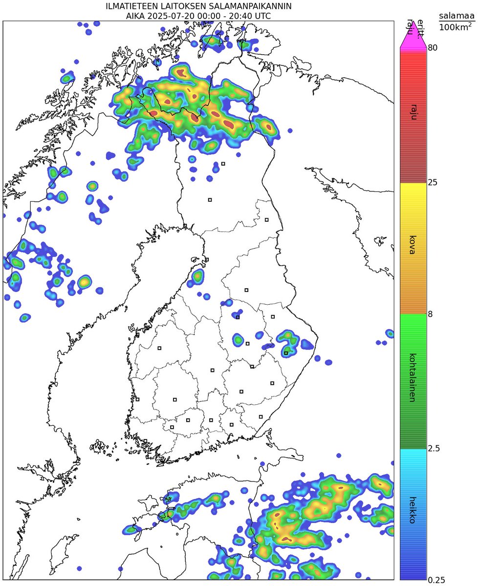 meteorologit's tweet image. Sunnuntain kulueassa on havaittu noin 2500 maasalamaa Suomen kamaralla, suurin osa Pohjois-Lapissa. Rytinät jatkuvat myös lähipäivinä painottuen Lappiin. Kuvassa salamoinnin tiheys.