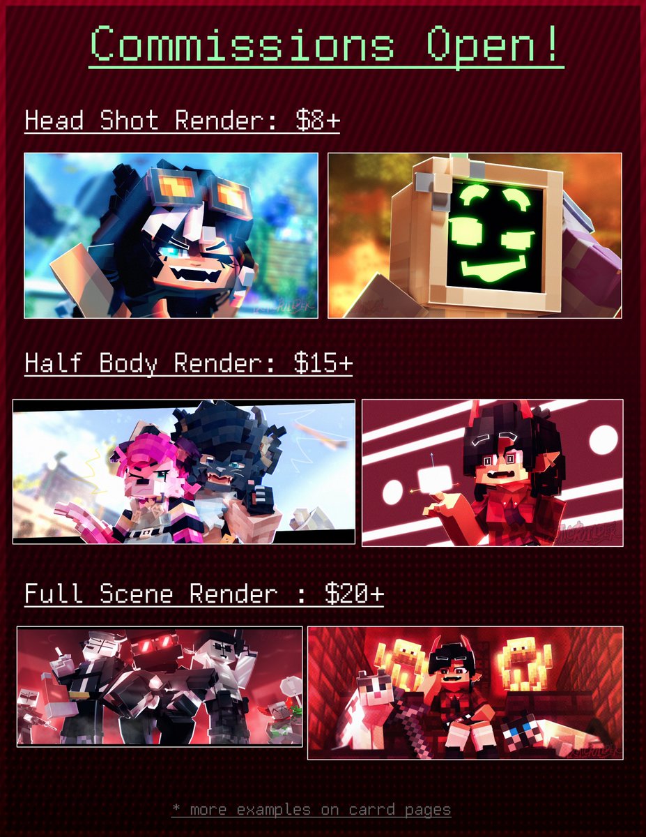 exoticbuilder's tweet image. Hullu, big announcement! Render slots available!!
I am making Mine-imator renders, more info about my render slots through my Carrd page, link in bio.
#Minecraft #rendering #mineimator