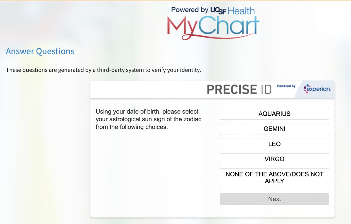 Martin Amps (@martinamps) on Twitter photo After giving my DOB on the prior page.... this is the identity verification <a href="/UCSF/">UC San Francisco</a> goes with? 😆 After giving my DOB on the prior page.... this is the identity verification <a href="/UCSF/">UC San Francisco</a> goes with? 😆