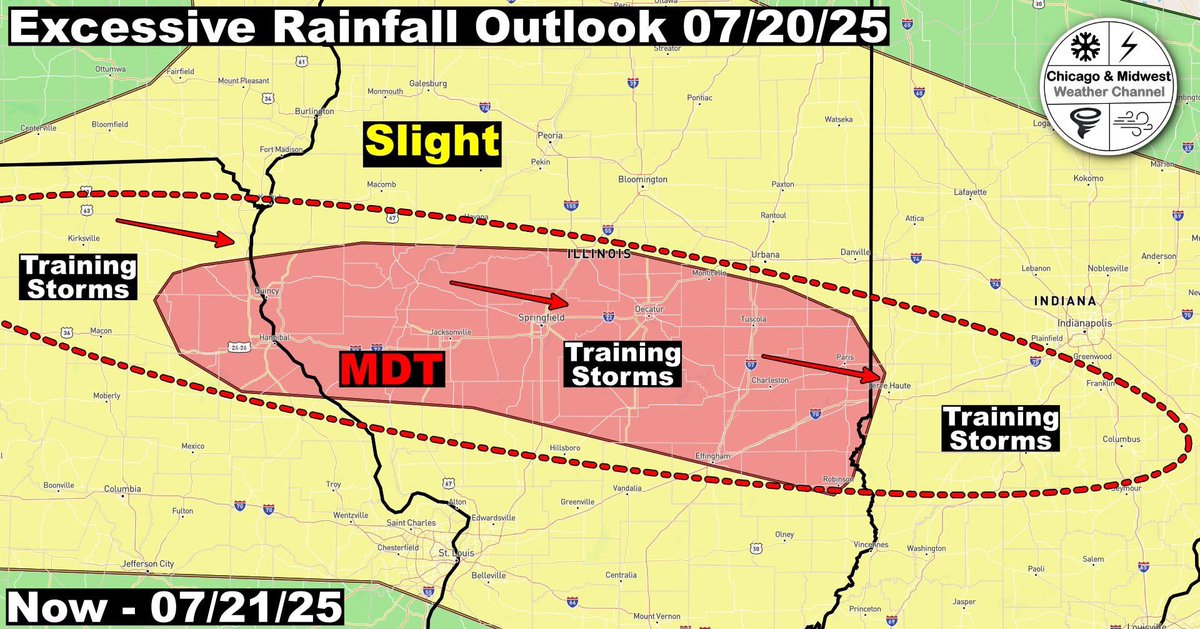 ChicagoMWeather's tweet image. **Moderate Risk of Heavy Rainfall for Central IL**
Some areas could experience 3-8 inches of rainfall over the next 24 hours. Certain storms may produce rainfall rates of 1-3 inches per hour, potentially leading to double-digit totals within just a few hours, which could result…
