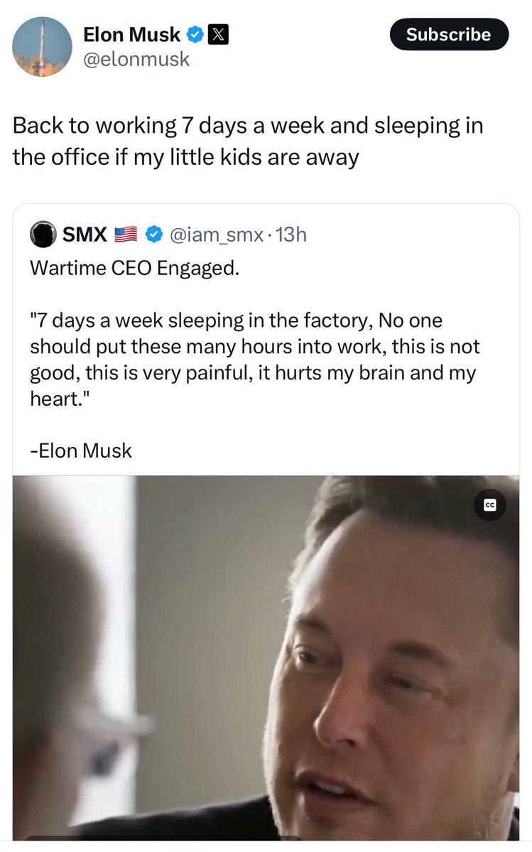 stevensagaar's tweet image. Musk wrote on X “Back to working 7 days a week and sleeping in the office if my little kids are away” 🤩 #Tesla #ElonMusk #BullishMomentum