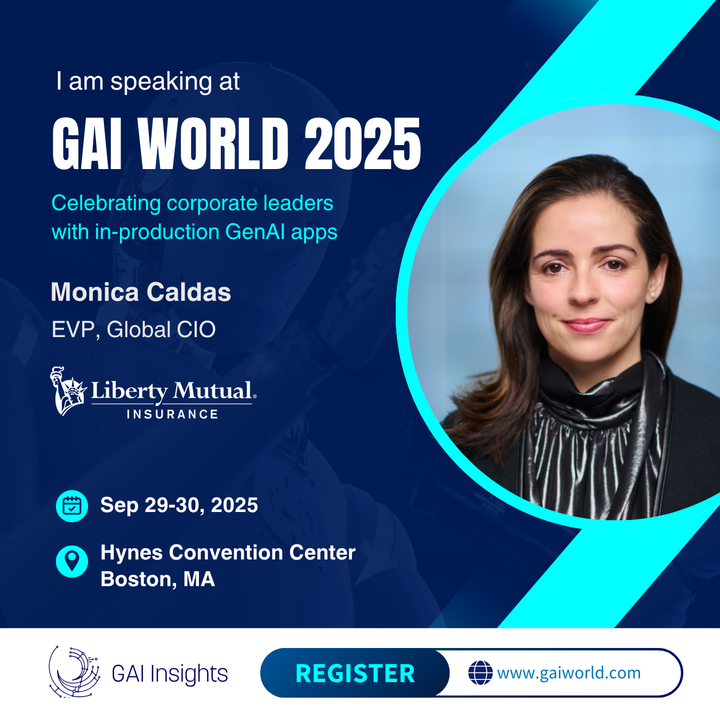 GaIinsights's tweet image. We’re proud to welcome Monica Caldas, Global Chief Information Officer at Liberty Mutual Insurance, to the stage at GAI World 2025.
A trailblazer in digital transformation and operational excellence, Monica brings a rare combination of visionary thinking and hands-on leadership,…