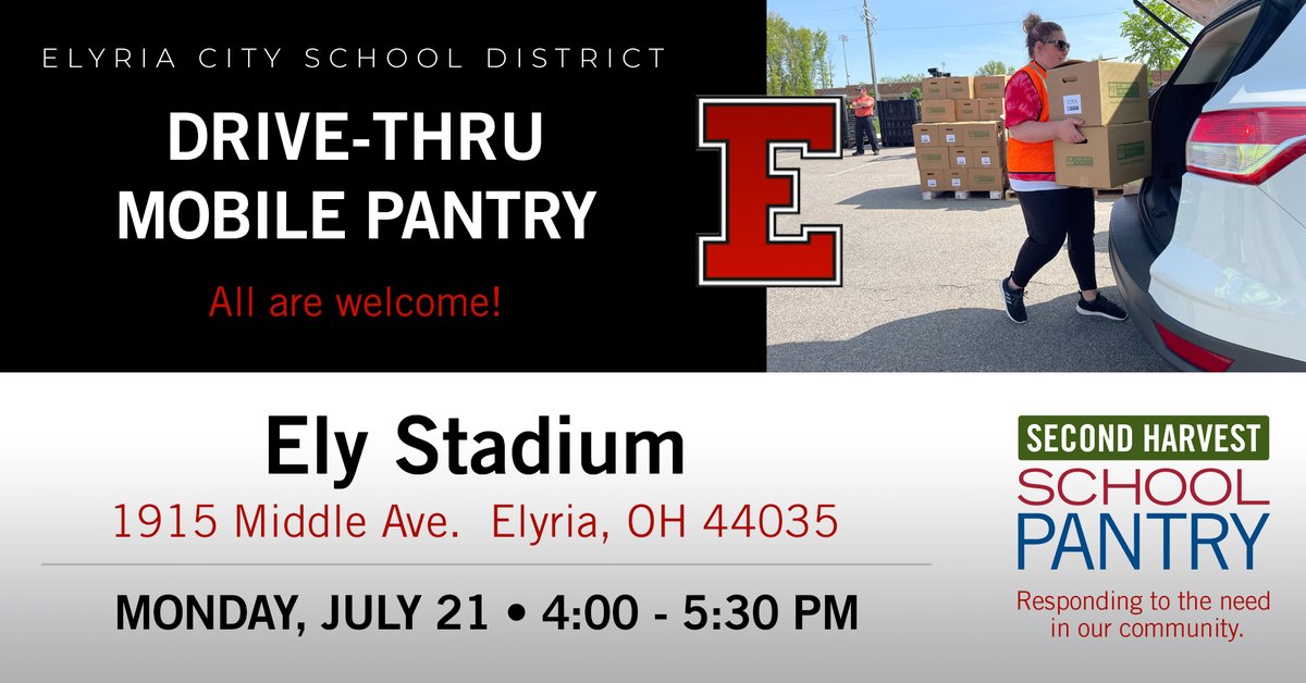 Second Harvest NC OH (@secondharvestoh) on Twitter photo TOMORROW! In partnership w/<a href="/ElyriaSchools/">Elyria City Schools</a>, Second Harvest will be having our a Mobile Pantry distributing boxes of food, assorted meat, nut thin crackers, bread, dog food, cat food, & MORE from 4-5:30pm at Ely Stadium for anyone in need.
📲 Register: bit.ly/4kDsgF8 TOMORROW! In partnership w/<a href="/ElyriaSchools/">Elyria City Schools</a>, Second Harvest will be having our a Mobile Pantry distributing boxes of food, assorted meat, nut thin crackers, bread, dog food, cat food, & MORE from 4-5:30pm at Ely Stadium for anyone in need.
📲 Register: bit.ly/4kDsgF8