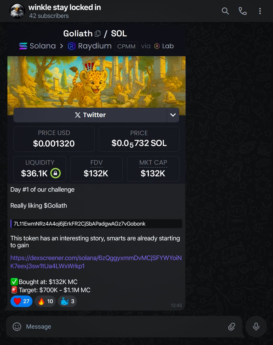 Day #1 of the $15 - $100,000 Challenge

Today we caught #Goliath
Sold at $1.4M MC - 10x

Current balance: $150
So far, I’ve added 42/250 people

If you want to join us:

Like &amp; retweet this post
Comment "locked in"

Only my followers will be accepted.
