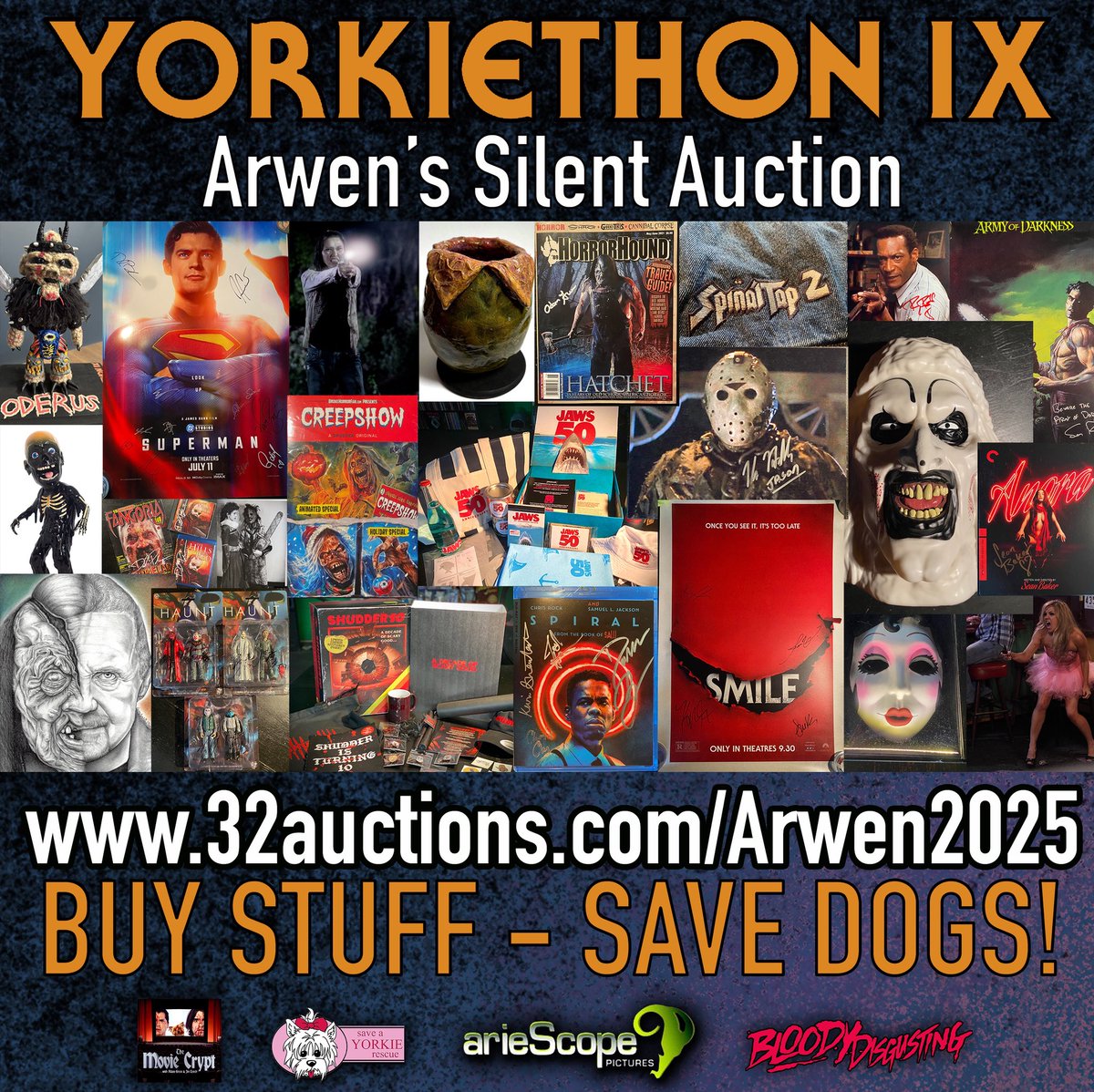 I collected over 150 items for my #Yorkiethon9 auction to benefit Save A Yorkie Rescue! SUPERMAN! TERRIFIER! SINNERS! ANORA! HATCHET! JAWS! MORE!!! Auction ends Sunday (7/27)! Buy stuff - save dogs: 32Auctions.com/Arwen2025