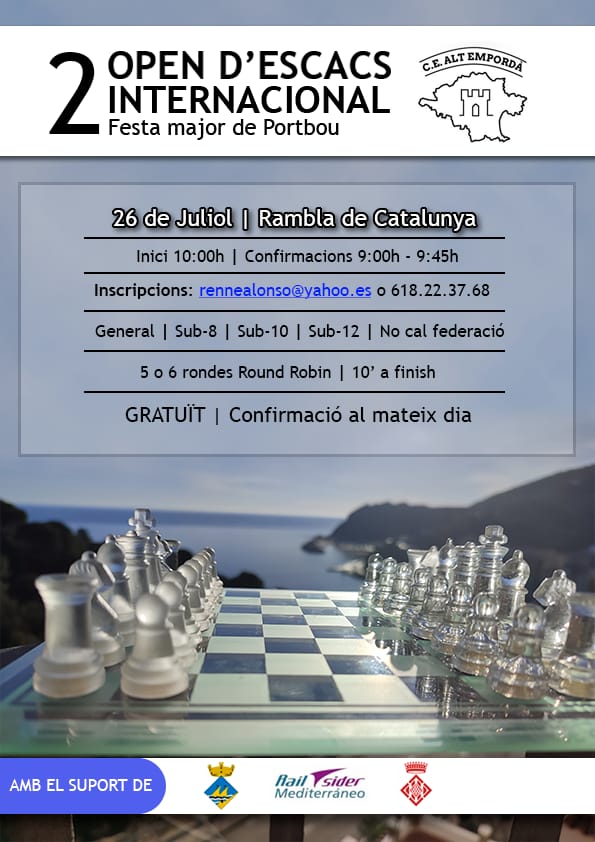 Club Escacs Gerunda (@escacsgerunda) on Twitter photo 🗓 Properes activitats
Calonge, Portbou i Olot.
Tota la geografia gironina amb 3 propostes ben diferents...
♟️Dissabte: Actius Calonge dins el #CircuitGironi
♟️Dissabte: torneig a Portbou (també per no federats)
♟️Diumenge: nivell i premis potents a Olot
#Escacs <a href="/EscacsOlot/">Club Escacs Olot</a> 🗓 Properes activitats
Calonge, Portbou i Olot.
Tota la geografia gironina amb 3 propostes ben diferents...
♟️Dissabte: Actius Calonge dins el #CircuitGironi
♟️Dissabte: torneig a Portbou (també per no federats)
♟️Diumenge: nivell i premis potents a Olot
#Escacs <a href="/EscacsOlot/">Club Escacs Olot</a>