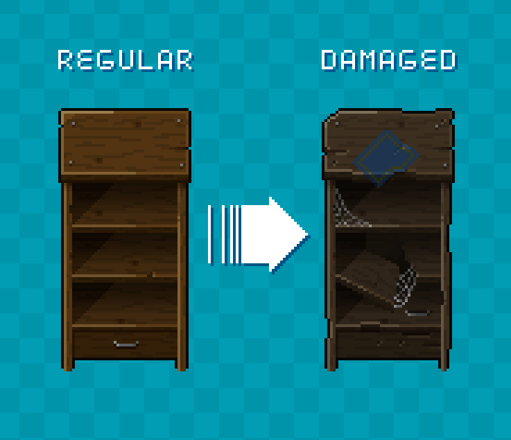 Booooooomstick's tweet image. Bookshelf!
(Regular to damaged)   
#Pixelart