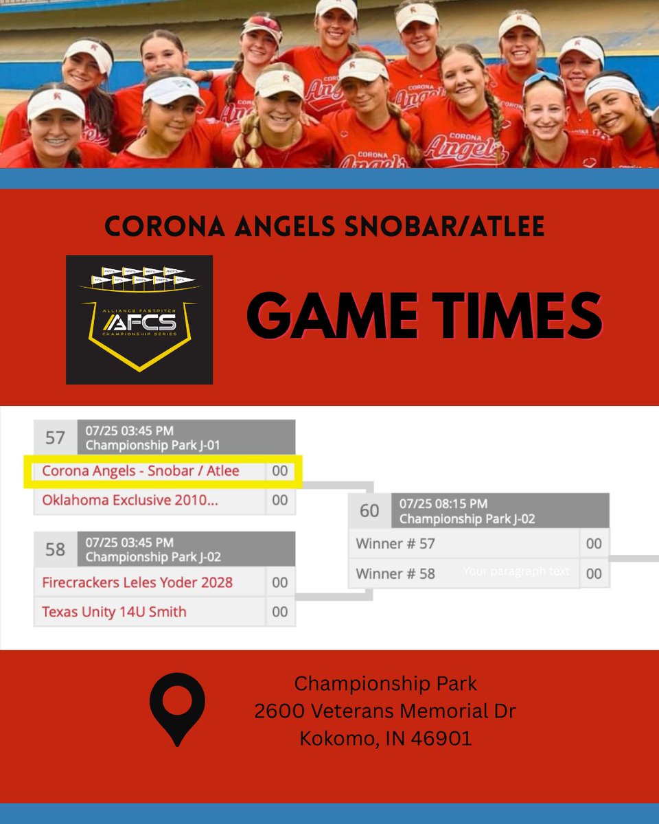 Brielle Pruitt 2029 (@bripruitt2029) on Twitter photo Super excited to compete in the Alliance Fastpitch Championship Series with my team this week in Indiana! Day 1 schedule is below - come check us out!
<a href="/CASnobarAtlee28/">Corona Angels Snobar / Atlee 2028</a> <a href="/tarynatlee_/">Taryn Atlee π΅π</a> <a href="/ExtraInningSB/">EXTRA INNING SOFTBALL</a> <a href="/CoastRecruits/">Coast 2 Coast Recruits</a> <a href="/CoastRecruitsSB/">Coast Recruits π₯</a> <a href="/gatorjack72/">Girls In The Game</a>
<a href="/coach_trotman/">Coach Trotman</a> <a href="/CoachGarnett/">Coach Garnett</a> Super excited to compete in the Alliance Fastpitch Championship Series with my team this week in Indiana! Day 1 schedule is below - come check us out!
<a href="/CASnobarAtlee28/">Corona Angels Snobar / Atlee 2028</a> <a href="/tarynatlee_/">Taryn Atlee π΅π</a> <a href="/ExtraInningSB/">EXTRA INNING SOFTBALL</a> <a href="/CoastRecruits/">Coast 2 Coast Recruits</a> <a href="/CoastRecruitsSB/">Coast Recruits π₯</a> <a href="/gatorjack72/">Girls In The Game</a>
<a href="/coach_trotman/">Coach Trotman</a> <a href="/CoachGarnett/">Coach Garnett</a>