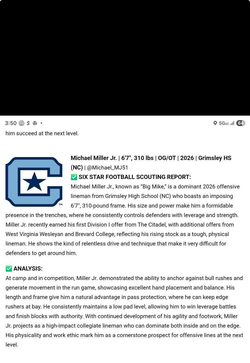 Michael_MJ51's tweet image. Thank you @sixstarfootball for the the great evaluation working towards my goals everyday! @CoachGioCitadel @Jay_Blair44 @CoachGuard_ @RecruitGrimsley #trenches #AGTG