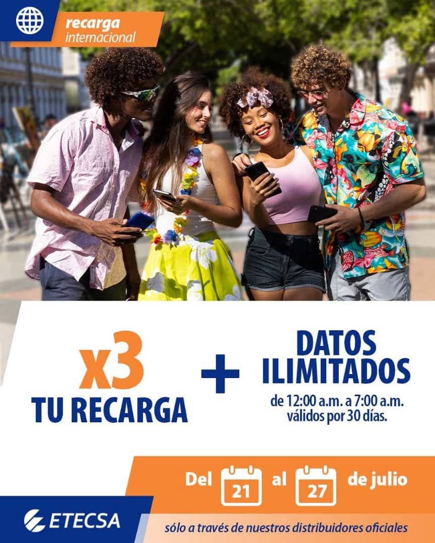👉 ¡Ya esta aquí la nueva promo de #RecargaInternacional
Del 2️⃣1️⃣ al 2️⃣7️⃣ de julio 🗓 si recibes una recarga desde nuestros distribuidores disfrutarás:
📲 3 veces el monto de dinero recargado en tu saldo principal.
🌙datos ilimitados de 12 a.m. a 7 a.m. válidos 30 días. #Etecsa