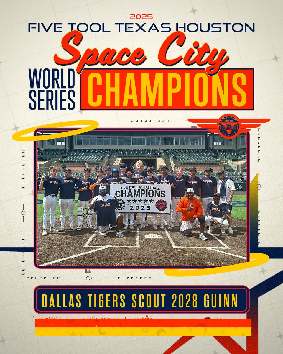 ✭Five Tool Texas✭ (@fivetooltexas) on Twitter photo 🏆CHAMPIONS!🏆
Congrats to <a href="/DTigersG/">Dallas Tigers Guinn</a> Scout 2028 Guinn on winning the 15U championship of the <a href="/FiveTool/">Five Tool Baseball</a> Texas Houston Space City World Series!
#WatchEm 🏆CHAMPIONS!🏆
Congrats to <a href="/DTigersG/">Dallas Tigers Guinn</a> Scout 2028 Guinn on winning the 15U championship of the <a href="/FiveTool/">Five Tool Baseball</a> Texas Houston Space City World Series!
#WatchEm