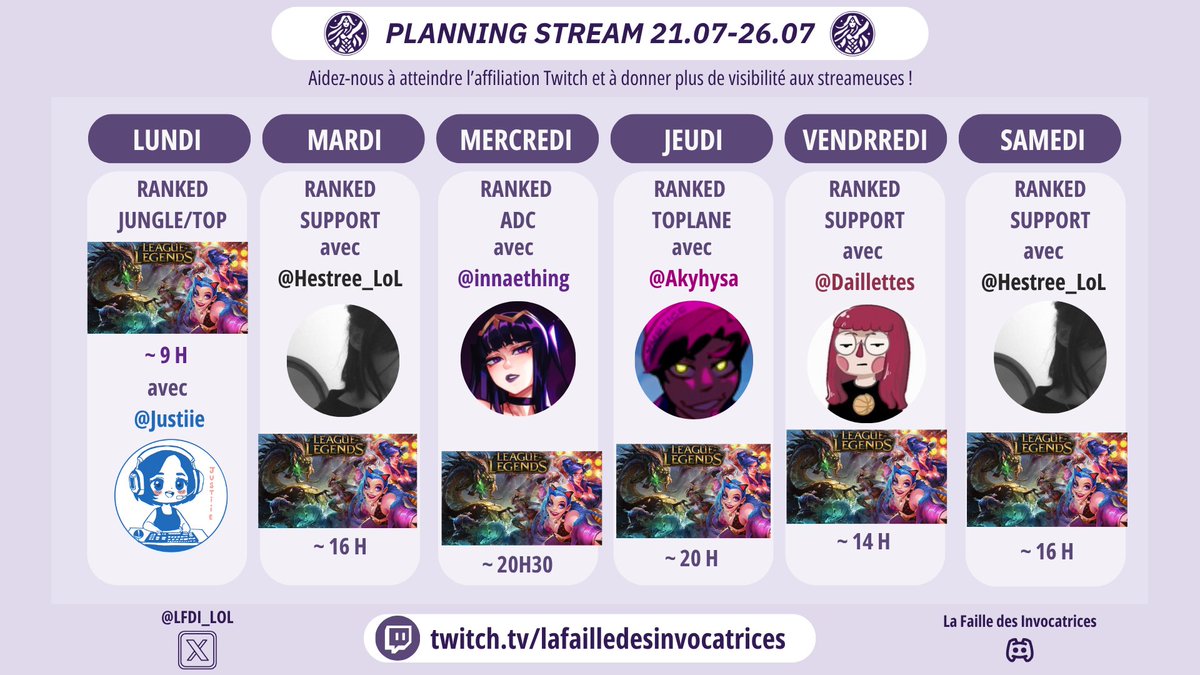 🎯 Objectif affiliation Twitch cette semaine !
En live toute la semaine :

Lun 9h <a href="/Justiielol/">Justiie</a>  (Top/Jgl)
Mar &amp; Sam 16h <a href="/Hestree_/">Hestrée</a> (Support)
Mer 20h30 <a href="/Innaething/">Innae</a> (ADC)
Jeu 20h <a href="/Akyhysa_lol/">Akyhysa</a> (Top)
Ven 14h <a href="/Daillettes/">✨ Daillettes ✨🦕</a> (Support)
Follow &amp; soutien bienvenus 💜

📺twitch.tv/lafailledesinv…
