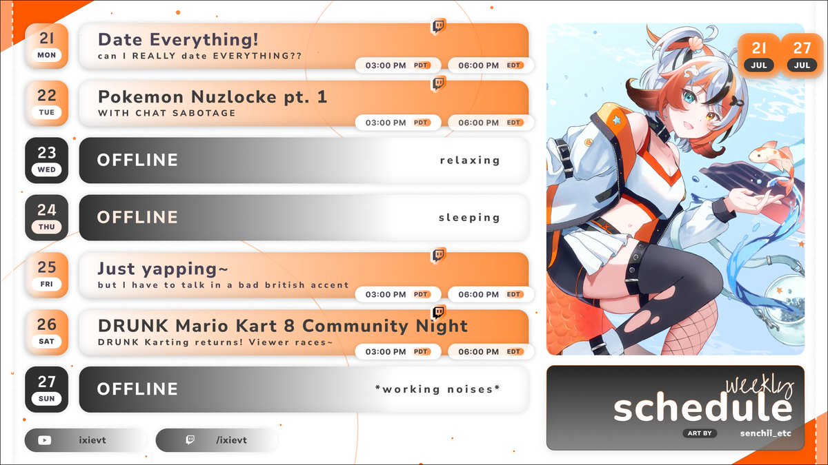 IxieVT's tweet image. 🫧 STREAM SCHEDULE FOR 7/21 - 7/27 🫧
Here's what I have in store for my first week of being a koi!
Date Everything, starting a Pokemon Nuzlocke (WHILE YOU ACTIVELY SABOTAGE ME), chatting but I have to talk in a bad british accent the whole time, AND DRUNK MARIO KART RETURNS!🪷