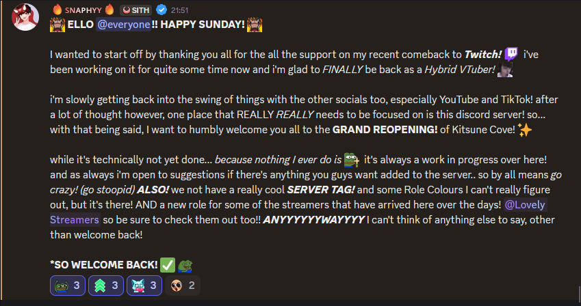 Snaphyy's tweet image. For the first time in (what I think is) AGES I have revamped my Discord server ‼️👀
I won't link it here, because I learned my lesson last time with all the bots BUT this comeback is coming on strong i'm already fixing stuff I should've done months ago 😂