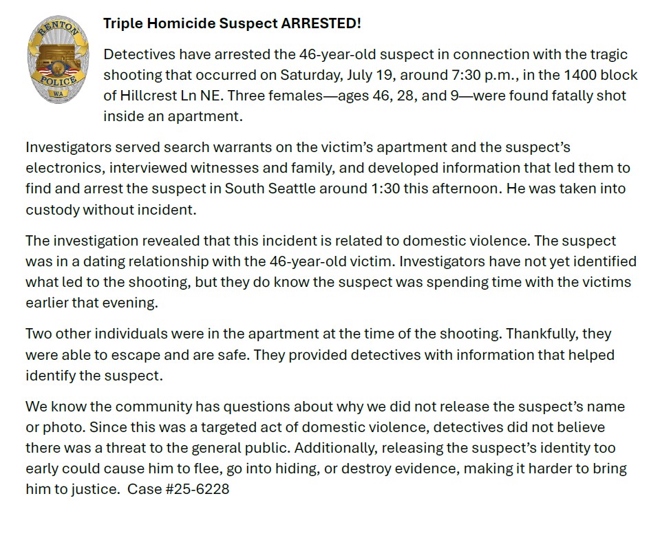 RentonpdWA's tweet image. Triple homicide suspect arrested!