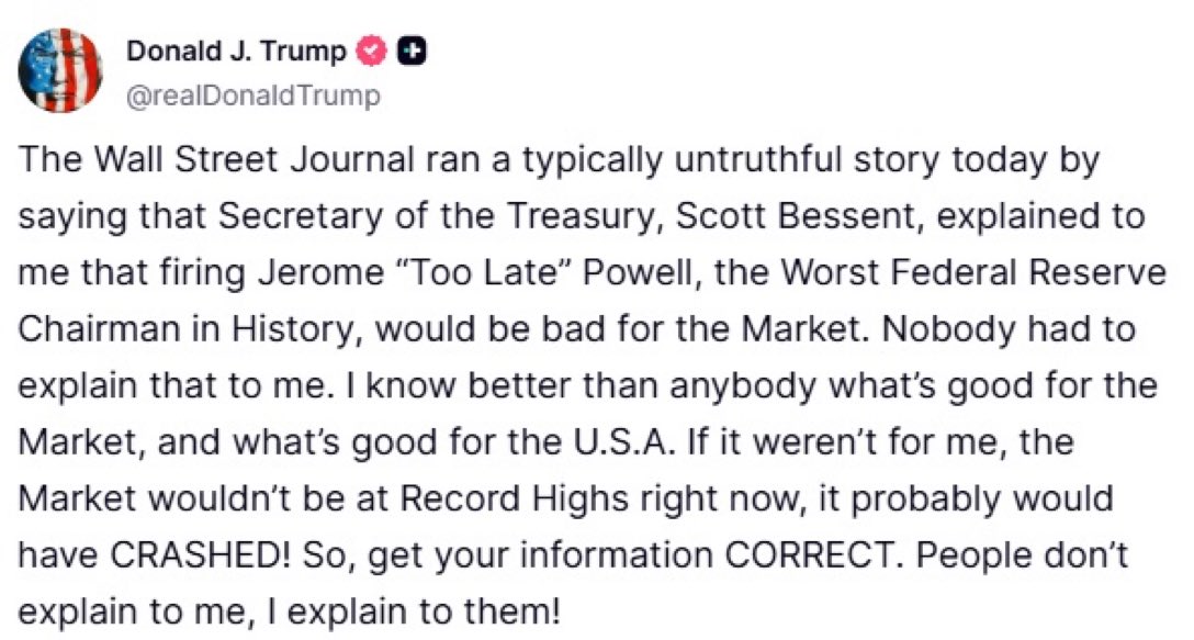 odinikaeze's tweet image. Trump’s meltdown over the Wall Street Journal is peak narcissism.
He’s now claiming he knows more than the Treasury Secretary, the Fed Chair, and financial markets combined, because he explains to them, not the other way around.
This type of economic policy is an ego-driven…
