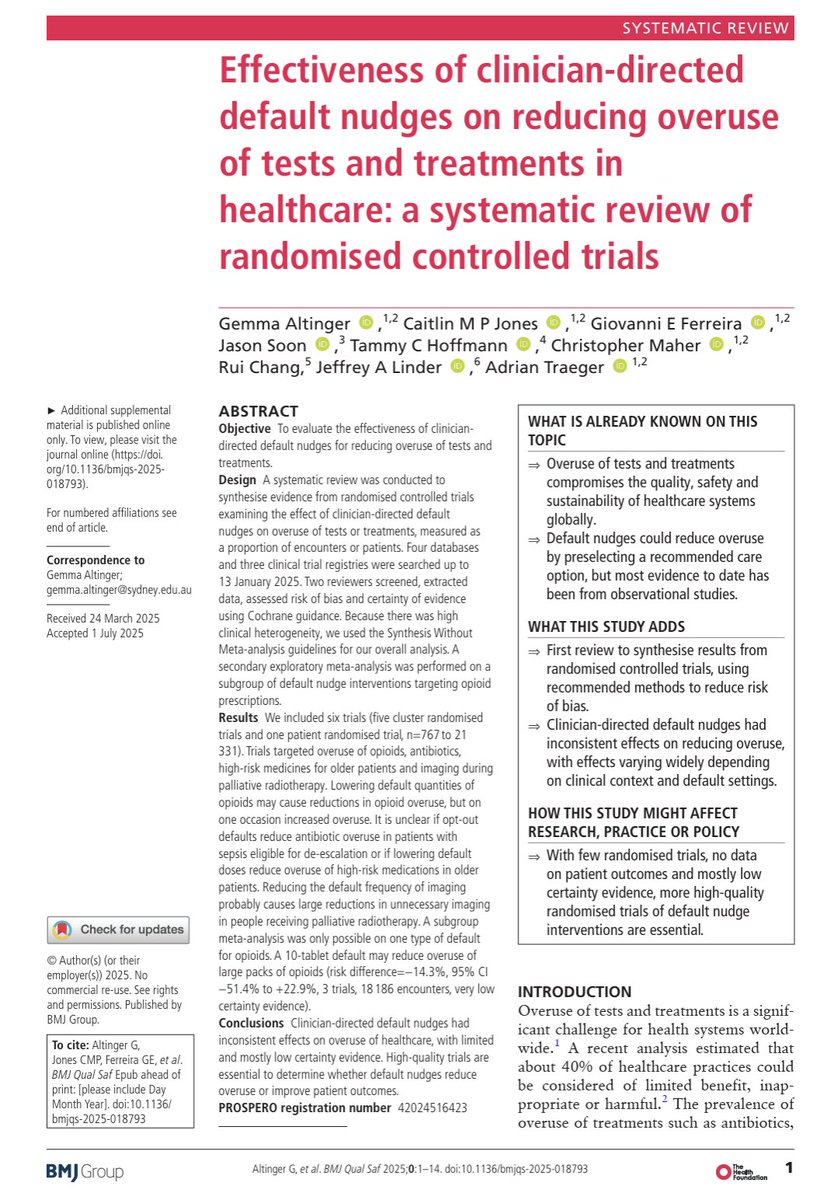 adrian_traeger's tweet image. New paper just out on default #nudges to reduce overuse of tests and treatments. Logical intervention, but current evidence suggests inconsistent effects.
Excellent work by @msk_health PhD candidate @GemmaAltinger with international team🔥
qualitysafety.bmj.com/content/early/…