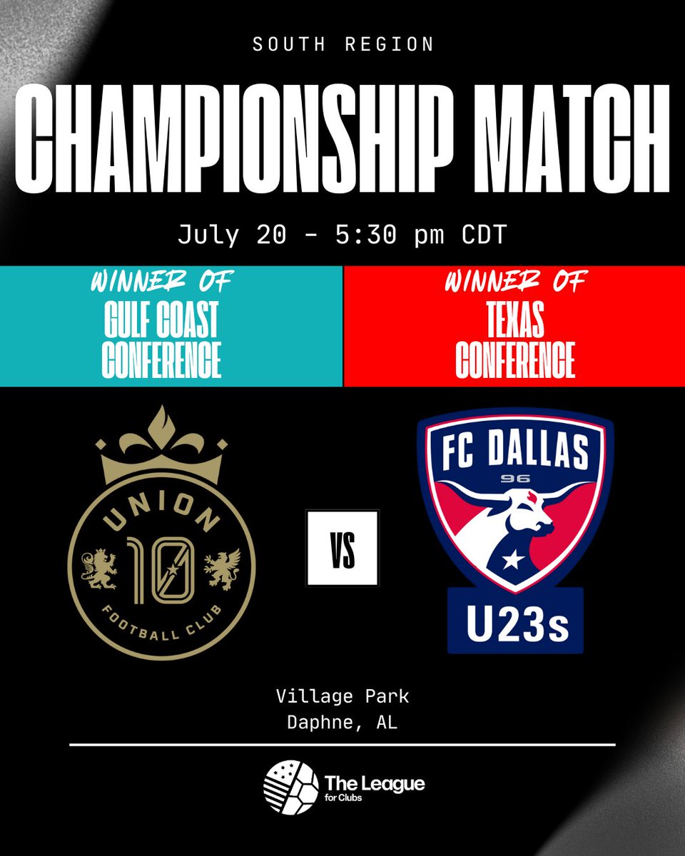 Our final club for next week's National Finals will be decided tonight when <a href="/Union10FC/">Union 10 FC</a> takes on <a href="/FCDallasYouth/">FC Dallas Youth</a> U23s in the South Region Championship Match!

West - <a href="/NapaValley1839/">Napa Valley 1839 FC</a>  
East - <a href="/Met_Oval/">Met Oval</a>  
Central - <a href="/TTownSoccer/">Tulsa Athletic</a> 
South - 🔜